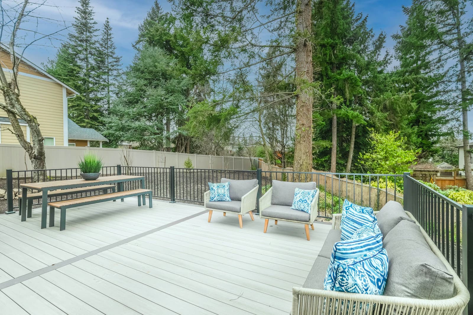 Backyard composite deck and outdoor structures on a Connecticut home